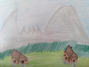 Landschaft, Haus, Berge.