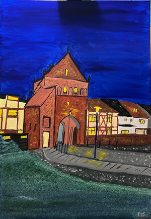 Das Stadttor von Tribsees zur blauen Stunde 