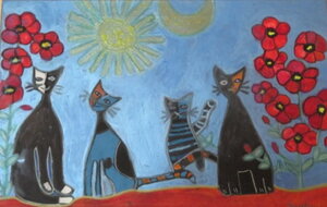 Katzen mit Mohnblumen 