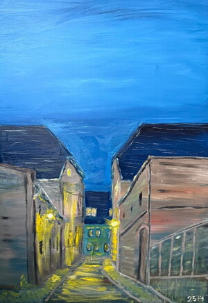 Die Brückengasse in Altentreptow zur blauen Stunde.